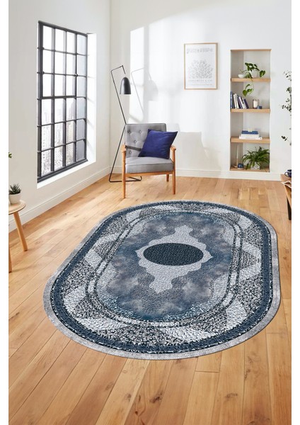 Göbekli Klasik Desen Dijital Kaymaz Yıkanabilir Oval Yolluk Mutfak Salon Halısı, O-Klasik-24-Mavi, fırsatları