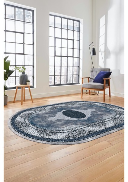 Göbekli Klasik Desen Dijital Kaymaz Yıkanabilir Oval Yolluk Mutfak Salon Halısı, O-Klasik-24-Mavi, indirimleri