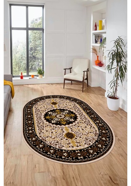 Renkli Klasik Motifli Dijital Kaymaz Yıkanabilir Oval Yolluk Salon Halısı, O-Klasik-27-Kahve,