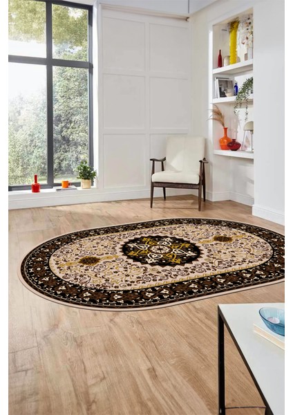 Renkli Klasik Motifli Dijital Kaymaz Yıkanabilir Oval Yolluk Salon Halısı, O-Klasik-27-Kahve, fiyatları