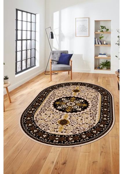 Renkli Klasik Motifli Dijital Kaymaz Yıkanabilir Oval Yolluk Salon Halısı, O-Klasik-27-Kahve, modelleri
