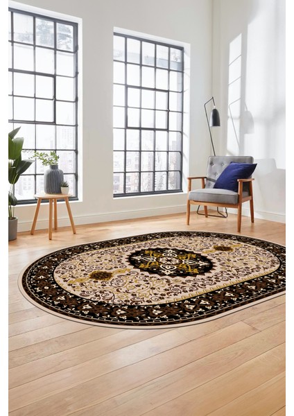 Renkli Klasik Motifli Dijital Kaymaz Yıkanabilir Oval Yolluk Salon Halısı, O-Klasik-27-Kahve, fırsatları