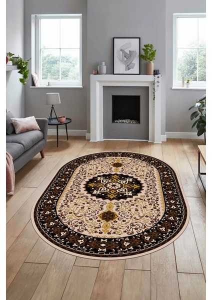 Renkli Klasik Motifli Dijital Kaymaz Yıkanabilir Oval Yolluk Salon Halısı, O-Klasik-27-Kahve, indirimleri