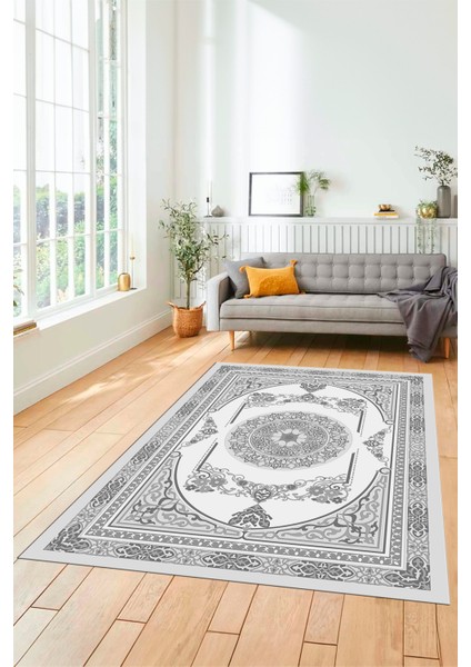 Modern Klasik Desen Dijital Kaymaz Taban Yıkanabilir Yolluk Mutfak Salon Halısı, Klasik-17-Gri,