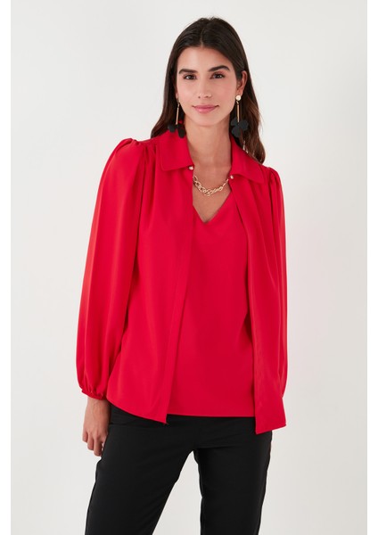 Regular Fit V Yaka Balon Kol Bluz Bayan Bluz 611BZ0353 fiyatları