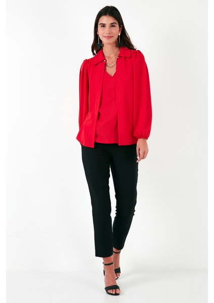 Regular Fit V Yaka Balon Kol Bluz Bayan Bluz 611BZ0353 modelleri