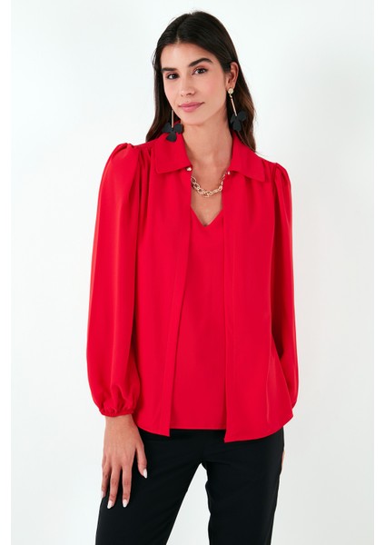 Regular Fit V Yaka Balon Kol Bluz Bayan Bluz 611BZ0353 indirimleri
