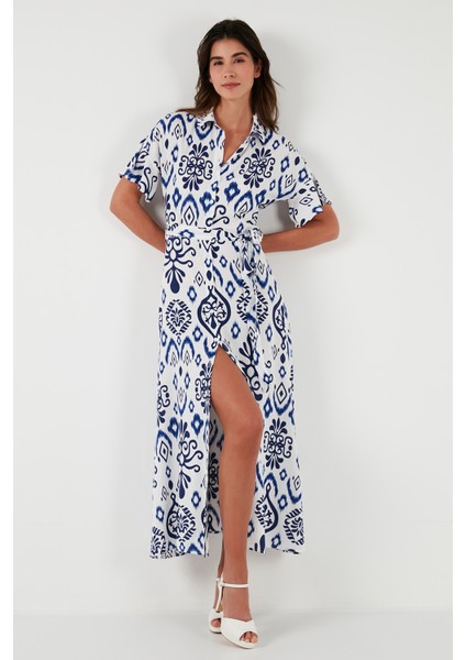 Desenli Yırtmaçlı Gömlek Yaka Maxi Elbise Kadın Elbise 611EL502 fırsatları