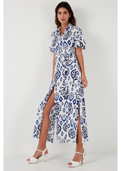 Desenli Yırtmaçlı Gömlek Yaka Maxi Elbise Kadın Elbise 611EL502 indirimleri