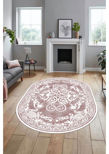 Baskılı Kaymaz Yıkanabilir Klasik Desenli Oval Yolluk Mutfak Salon Halısı, O-Klasik-09-Pembe,