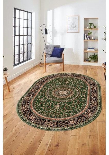 Klasik Desenli Dijital Kaymaz Yıkanabilir Oval Yolluk Koridor Salon Halısı, O-Klasik-21-Yeşil, fırsatları