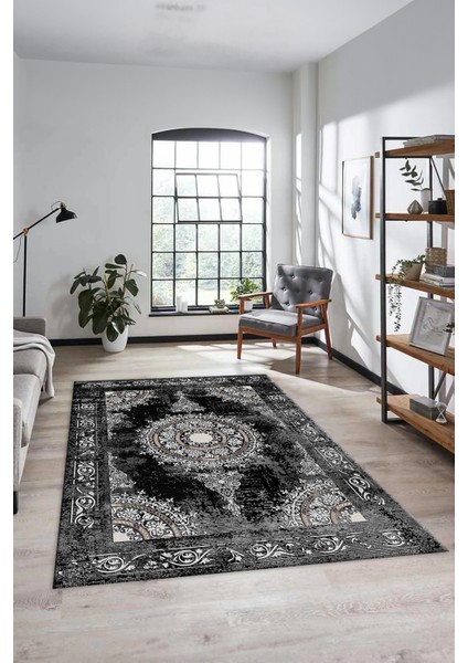 Göbekli Klasik Desen Dijital Kaymaz Yıkanabilir Yolluk Mutfak Salon Halısı, Klasik-25-Siyah,