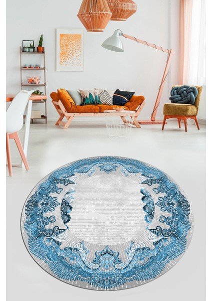 Baskılı Kaymaz Yıkanabilir Renkli Klasik Desen Yuvarlak Salon Halısı, Y-Klasik-08-Mavi, modelleri