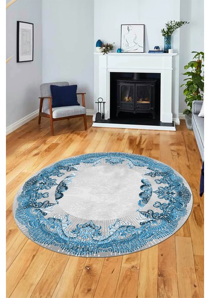 Baskılı Kaymaz Yıkanabilir Renkli Klasik Desen Yuvarlak Salon Halısı, Y-Klasik-08-Mavi, indirimleri