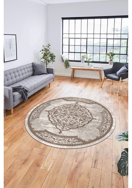 Zarif Klasik Desen Dijital Kaymaz Taban Yıkanabilir Yuvarlak Mutfak Salon Halısı, Y-Klasik-15-Kahve, fiyatları