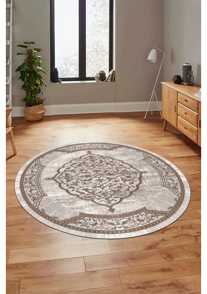 Zarif Klasik Desen Dijital Kaymaz Taban Yıkanabilir Yuvarlak Mutfak Salon Halısı, Y-Klasik-15-Kahve, fırsatları