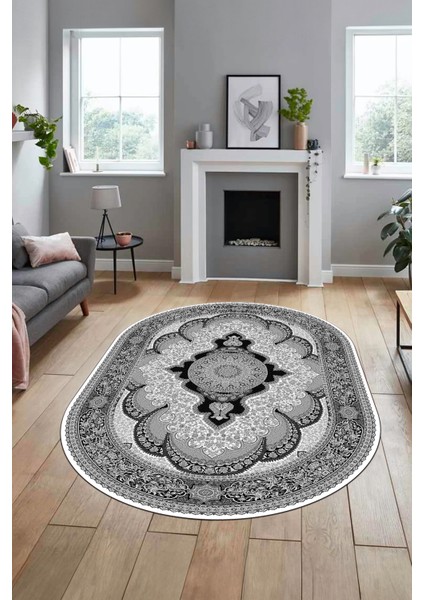 Baskılı Kaymaz Yıkanabilir Çerçeveli Göbekli Klasik Desen Salon Halısı, O-Klasik-02-Gri, modelleri