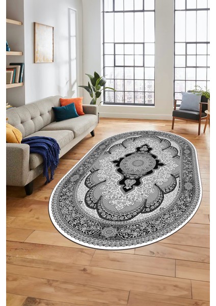 Baskılı Kaymaz Yıkanabilir Çerçeveli Göbekli Klasik Desen Salon Halısı, O-Klasik-02-Gri, indirimleri