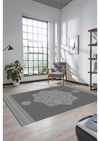 Şık Göbekli Klasik Motifli Dijital Kaymaz Yıkanabilir Yolluk Mutfak Salon Halısı, Klasik-30-Gri,