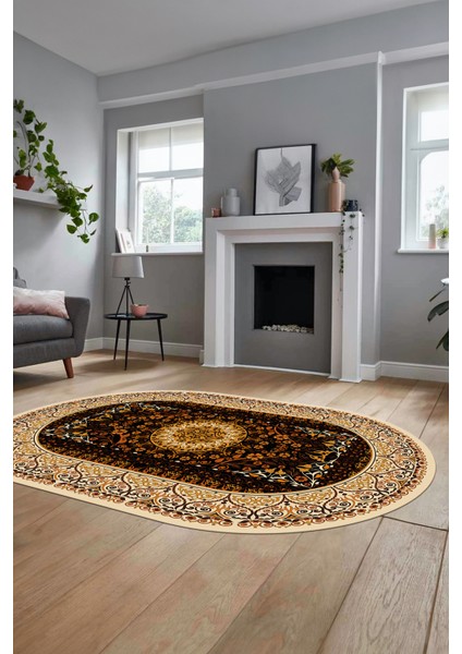 Şık Klasik Dijital Kaymaz Taban Yıkanabilir Oval Yolluk Mutfak Salon Halısı, O-Klasik-14-Kahve,