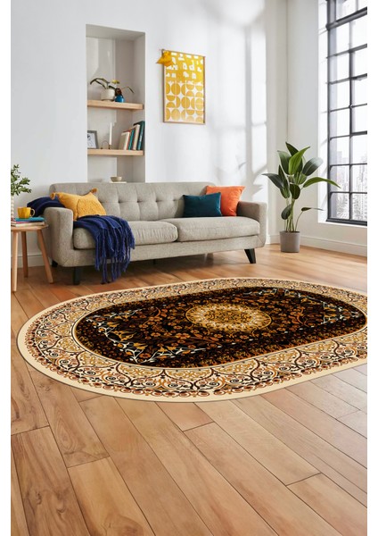 Şık Klasik Dijital Kaymaz Taban Yıkanabilir Oval Yolluk Mutfak Salon Halısı, O-Klasik-14-Kahve,