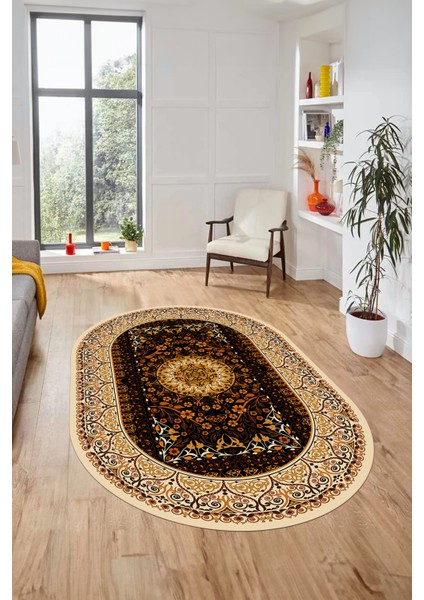 Şık Klasik Dijital Kaymaz Taban Yıkanabilir Oval Yolluk Mutfak Salon Halısı, O-Klasik-14-Kahve,