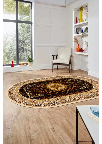 Şık Klasik Dijital Kaymaz Taban Yıkanabilir Oval Yolluk Mutfak Salon Halısı, O-Klasik-14-Kahve,
