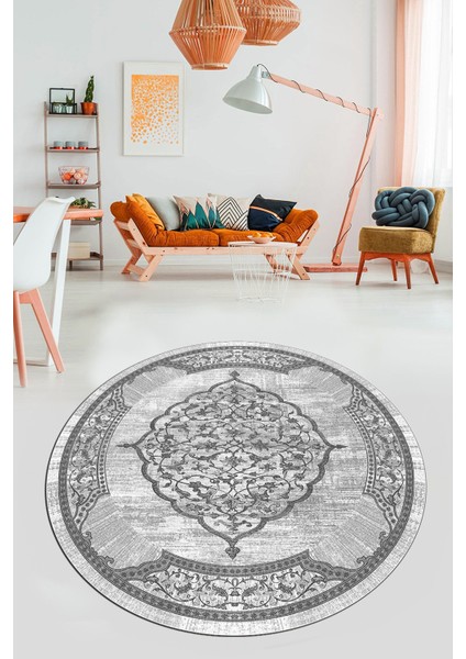 Zarif Klasik Desen Dijital Kaymaz Taban Yıkanabilir Yuvarlak Mutfak Salon Halısı, Y-Klasik-15-Gri,