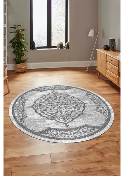 Zarif Klasik Desen Dijital Kaymaz Taban Yıkanabilir Yuvarlak Mutfak Salon Halısı, Y-Klasik-15-Gri, fırsatları