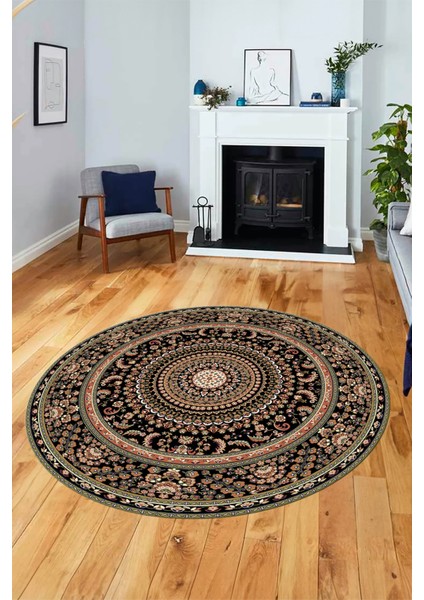 Klasik Desenli Dijital Kaymaz Yıkanabilir Yuvarlak Mutfak Salon Halısı, Y-Klasik-21-Siyah,