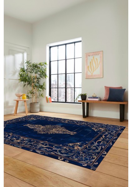 Göbekli Klasik Motifli Dijital Kaymaz Yıkanabilir Yolluk Mutfak Salon Halısı, Klasik-28-Mavi, modelleri