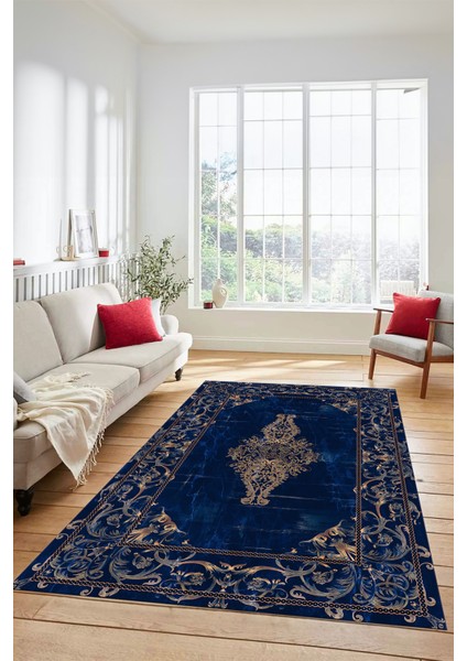 Göbekli Klasik Motifli Dijital Kaymaz Yıkanabilir Yolluk Mutfak Salon Halısı, Klasik-28-Mavi, fırsatları