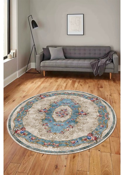 Çiçekli Klasik Motifli Dijital Kaymaz Yıkanabilir Yuvarlak Mutfak Salon Halısı, Y-Klasik-29-Mavi,