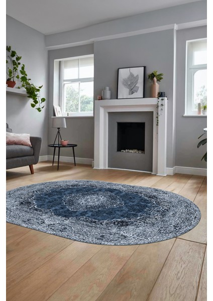 Baskılı Kaymaz Yıkanabilir Göbekli Klasik Desen Oval Yolluk Salon Halısı, O-Klasik-07-Mavi, modelleri