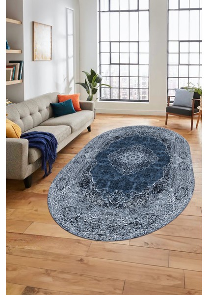 Baskılı Kaymaz Yıkanabilir Göbekli Klasik Desen Oval Yolluk Salon Halısı, O-Klasik-07-Mavi, fırsatları