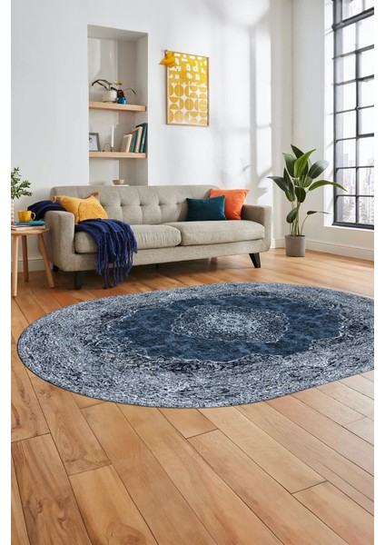 Baskılı Kaymaz Yıkanabilir Göbekli Klasik Desen Oval Yolluk Salon Halısı, O-Klasik-07-Mavi, indirimleri