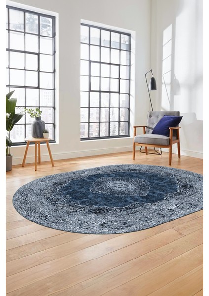 Baskılı Kaymaz Yıkanabilir Göbekli Klasik Desen Oval Yolluk Salon Halısı, O-Klasik-07-Mavi,