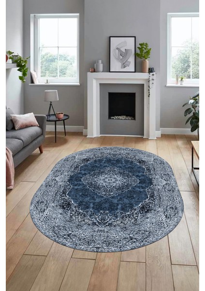 Baskılı Kaymaz Yıkanabilir Göbekli Klasik Desen Oval Yolluk Salon Halısı, O-Klasik-07-Mavi, fiyatları