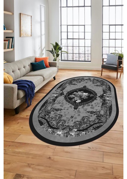 Çiçekli Klasik Dijital Kaymaz Taban Yıkanabilir Oval Yolluk Salon Halısı, O-Klasik-16-Antrasit,