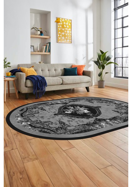 Çiçekli Klasik Dijital Kaymaz Taban Yıkanabilir Oval Yolluk Salon Halısı, O-Klasik-16-Antrasit,