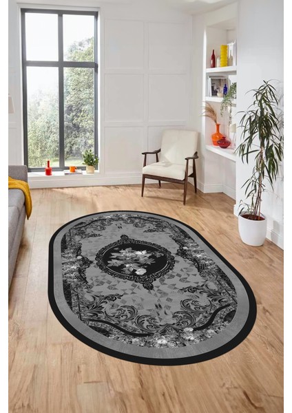 Çiçekli Klasik Dijital Kaymaz Taban Yıkanabilir Oval Yolluk Salon Halısı, O-Klasik-16-Antrasit,
