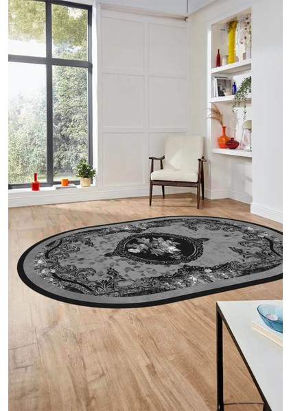 Çiçekli Klasik Dijital Kaymaz Taban Yıkanabilir Oval Yolluk Salon Halısı, O-Klasik-16-Antrasit,