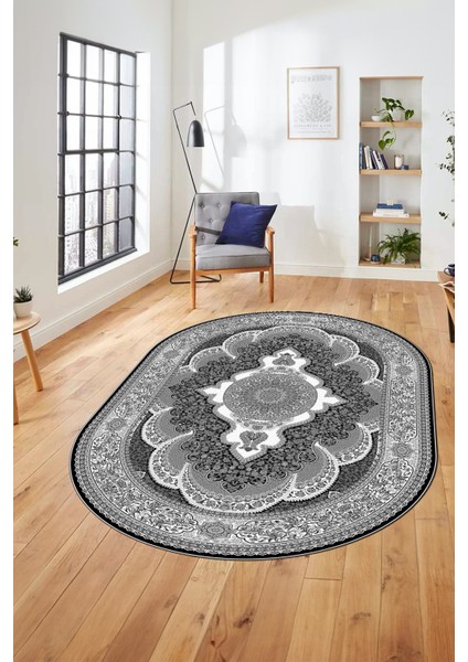 Baskılı Kaymaz Yıkanabilir Çerçeveli Göbekli Klasik Desen Salon Halısı, O-Klasik-02-Antrasit,