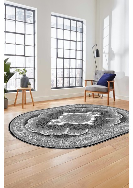 Baskılı Kaymaz Yıkanabilir Çerçeveli Göbekli Klasik Desen Salon Halısı, O-Klasik-02-Antrasit, fiyatları