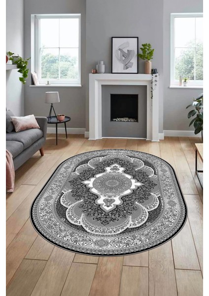 Baskılı Kaymaz Yıkanabilir Çerçeveli Göbekli Klasik Desen Salon Halısı, O-Klasik-02-Antrasit, modelleri