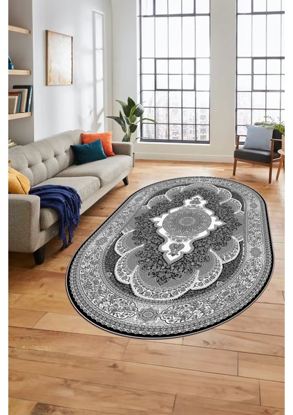 Baskılı Kaymaz Yıkanabilir Çerçeveli Göbekli Klasik Desen Salon Halısı, O-Klasik-02-Antrasit, indirimleri