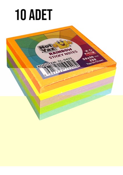 50X50 250 Yaprak 5 Renk Rainbow Yapışkanlı Not Kağıdı 10 Adet