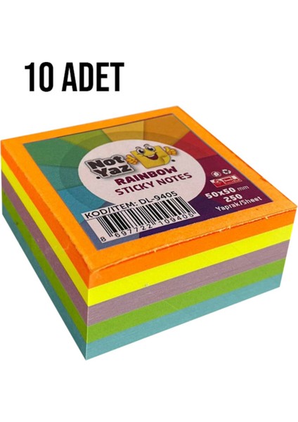 50X50 250 Yaprak 5 Renk Rainbow Yapışkanlı Not Kağıdı 10 Adet