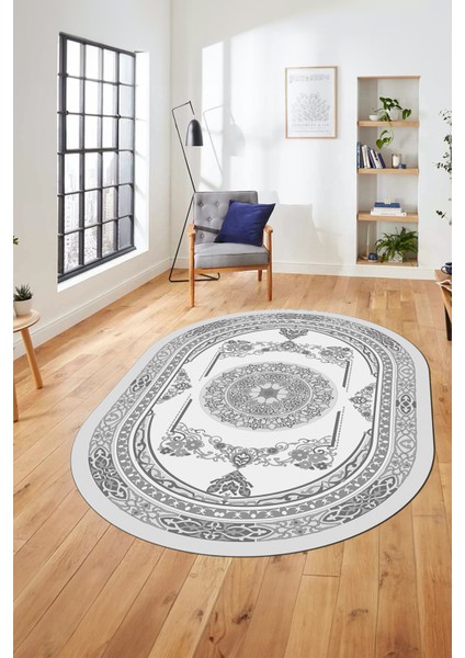 Modern Klasik Dijital Kaymaz Taban Yıkanabilir Oval Yolluk Salon Halısı, O-Klasik-17-Gri, indirimleri