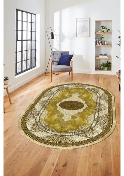 Göbekli Klasik Desen Dijital Kaymaz Yıkanabilir Oval Yolluk Mutfak Salon Halısı, O-Klasik-24-Sarı, fırsatları